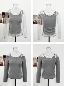 Korean Chic Women's Autumn Elegant Versatile Off-Shoulder Slim Fit Long Sleeve Knit Top With Camisole 2-Piece Set - Grey - View 10