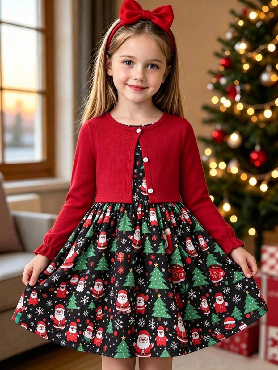 Girls Christmas Holiday 2 Pieces Dress Set, Red Ribbed Knit Ruffle Sleeve Long Sleeve Cropped Cardigan + Santa Claus Christmas Tree Snowflake All-Over Print Full Skirt A-Line Spaghetti Strap Princess Dress - Red - View 1