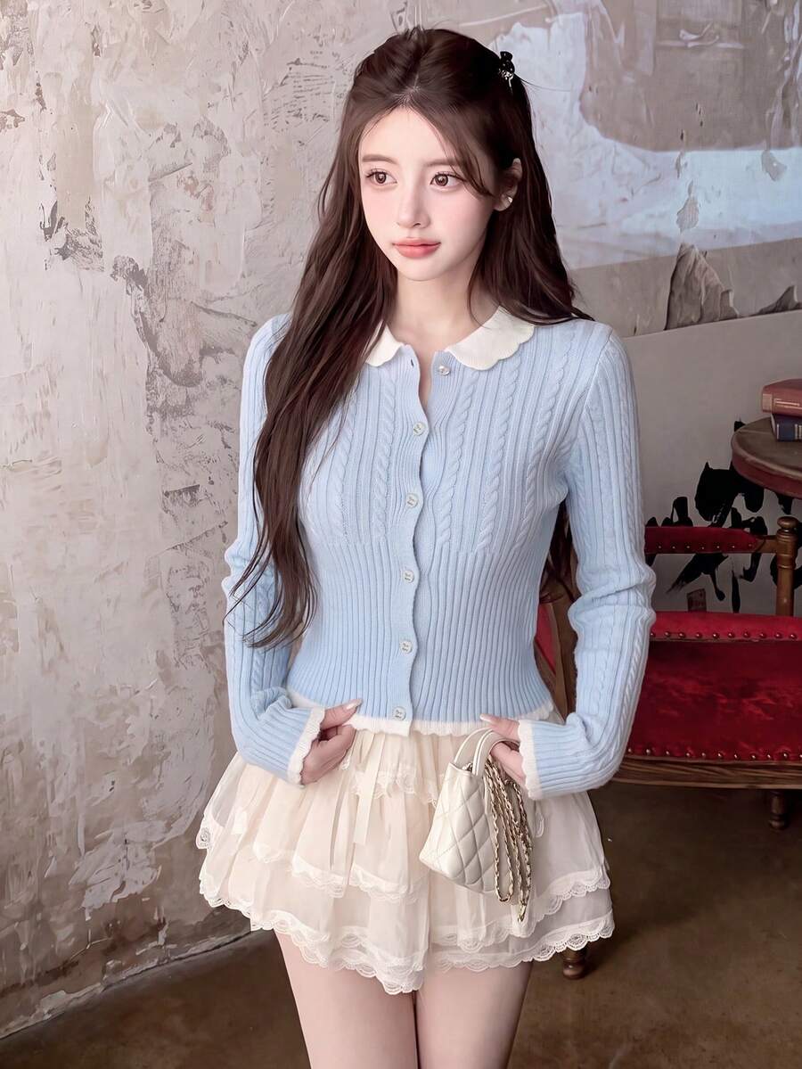 Women's Light Blue Wool Button Cardigan Sweater With White Fan Collar, Suitable For Autumn/Winter Preppy Style - Blue - View 1