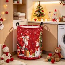 1PC Foldable Christmas Santa Claus Snowman Print Storage Basket, Multi-Purpose Laundry Hamper For Clothes And Sundries, Home Organizer, Bedroom Decor, Room Decor, Christmas Holiday Decor - Red - View 3