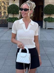 Solid Color Semi-Sheer Mesh V-Neck Collared T-Shirt For Women, Elegant, Sexy, American Style, Versatile For Commute & Date, Short Sleeve, Summer White Spring - White - View 1