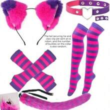 Halloween Cat Costume Accessory Set, Includes Plush Tail, Ear Headband, Faux Leather Collar, Suitable For Cosplay (Tail And Collar Buckle Style Is Random) - Pink Purple Stripes - View 3