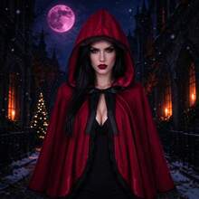1-Piece Set, Women's Gothic Velvet Hooded Cape, Red Little Red Riding Hood Role-Playing Cape, Lace Border For Contrasting, Suitable For Halloween And Christmas Parties - Multicolor - View 2