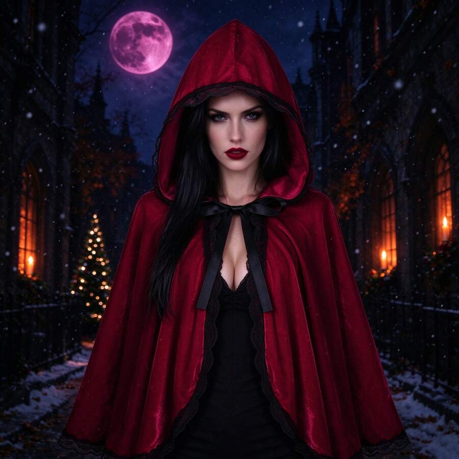 1-Piece Set, Women's Gothic Velvet Hooded Cape, Red Little Red Riding Hood Role-Playing Cape, Lace Border For Contrasting, Suitable For Halloween And Christmas Parties