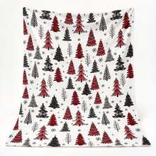 1PC White Base Red & Black Christmas Tree Snowflake Print Flannel Throw Blanket, Christmas Decor Blanket For Sofa - Multicolor - View 7