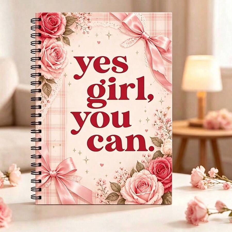 Yes Girl You Can Floral Spiral Notebook, 1pc A5 Pink Rose Bow Inspirational Cover, Suitable For Goal Lists, Study Notes, Planning Pages, Women's Gift - One Book (50 Pages, 100 Pages) - View 1