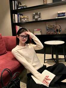 Autumn/Winter New Elegant Versatile Cable Knit Polo Collar Sweater, Vintage Slim Fit Cropped Knit Top - Apricot - View 3