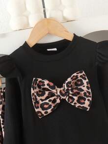2pcs Girls Sweet Cool Spicy Style Big Bow Decor Flutter Sleeve Round Neck Long Sleeve Top & Leopard Print High Waist Elastic Skirt Set, Spring/Autumn - Black - View 4