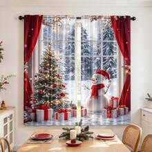 2Pcs Christmas Snowman Tree Curtains, Rod Pocket Design, 2D Flat Print Winter Snow Scene Christmas Tree Gift Box Pattern, Light Filtering Drapes, Xmas Holiday Window Decor For Living Room Bedroom - Multicolor - View 9