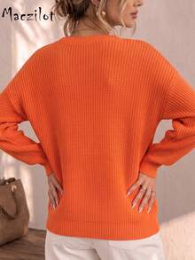 Plus Size Women Fall Winter Crew Neck Sweater, Long Sleeve "Hello Pumpkin" Letter Print Knit Jumper, Casual Top For Commute, Date & Daily Outing - Orange - View 4