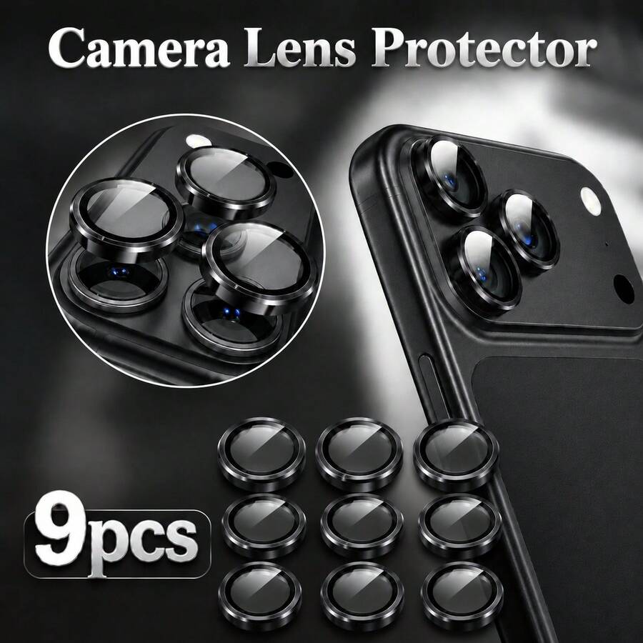 XINHONGYU 9片相機鏡頭保護膜,相容於 Phone Duo/Phone 18 Pro Max/Phone 18 Pro/Phone 17 Pro Max、17 Air、17 Pro、16 Pro Max、16、15、15 Plus、14、13、12、11 Mini Plus Pro Max,亮面單層金屬亮片,9H 硬度防刮螢幕保護膜,時尚配件,貼心保護殼(黑色) - 黑色 - 查看 1