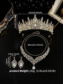 婚禮時尚珠寶套裝，新娘飾品，水鑽皇冠，華麗項鍊，耳環，4件套婚紗珠寶，適用婚禮派對、萬聖節 - 金色 - 查看 4