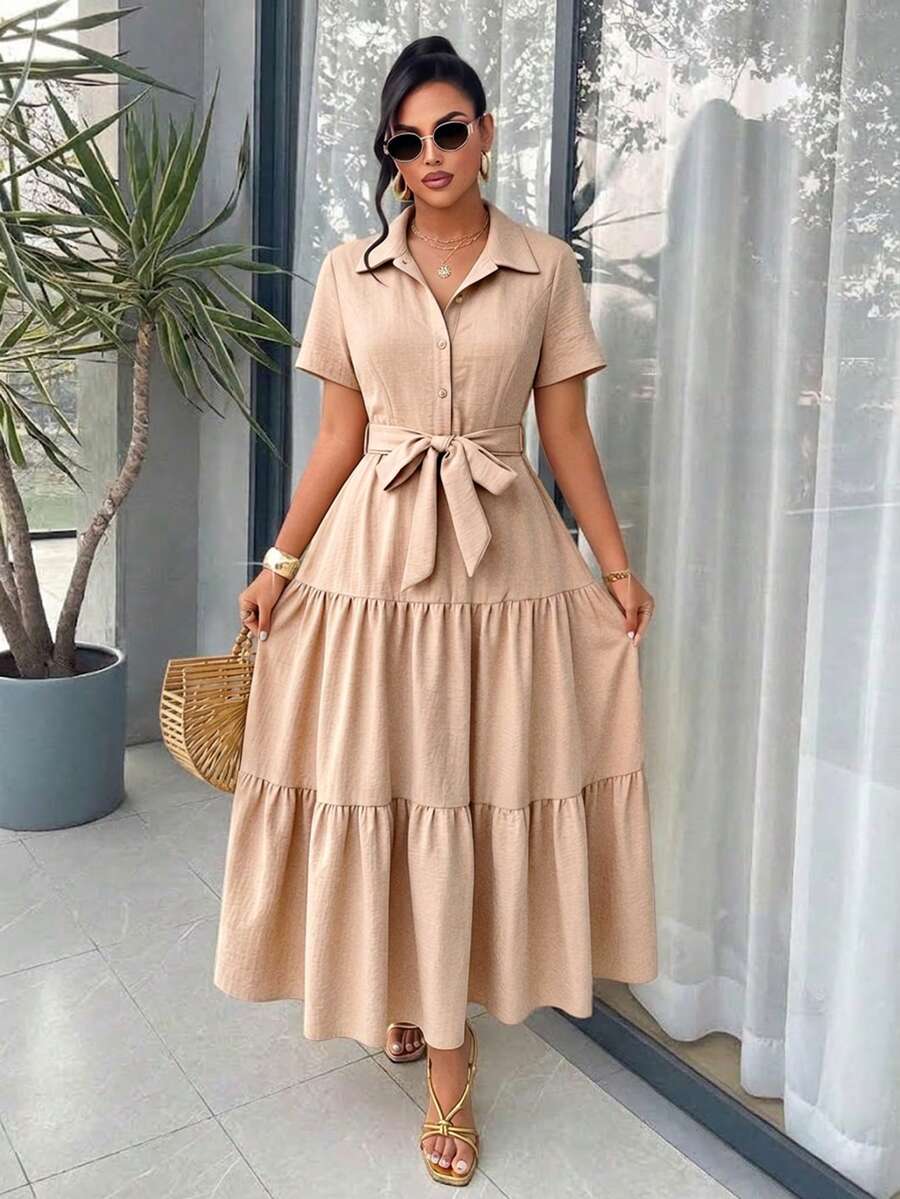AIJ Women's Autumn Lapel Collar Shirt Dress, Short Sleeve Front Button ...