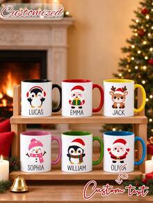 Customized Christmas Ceramic Mug, Personalized With Name, Cute Santa Claus And Penguin Christmas Cartoon Mug, Personalized Hot Cocoa Mug, Family Customized Holiday Gift, Secret Santa Gift - Multicolor - View 2