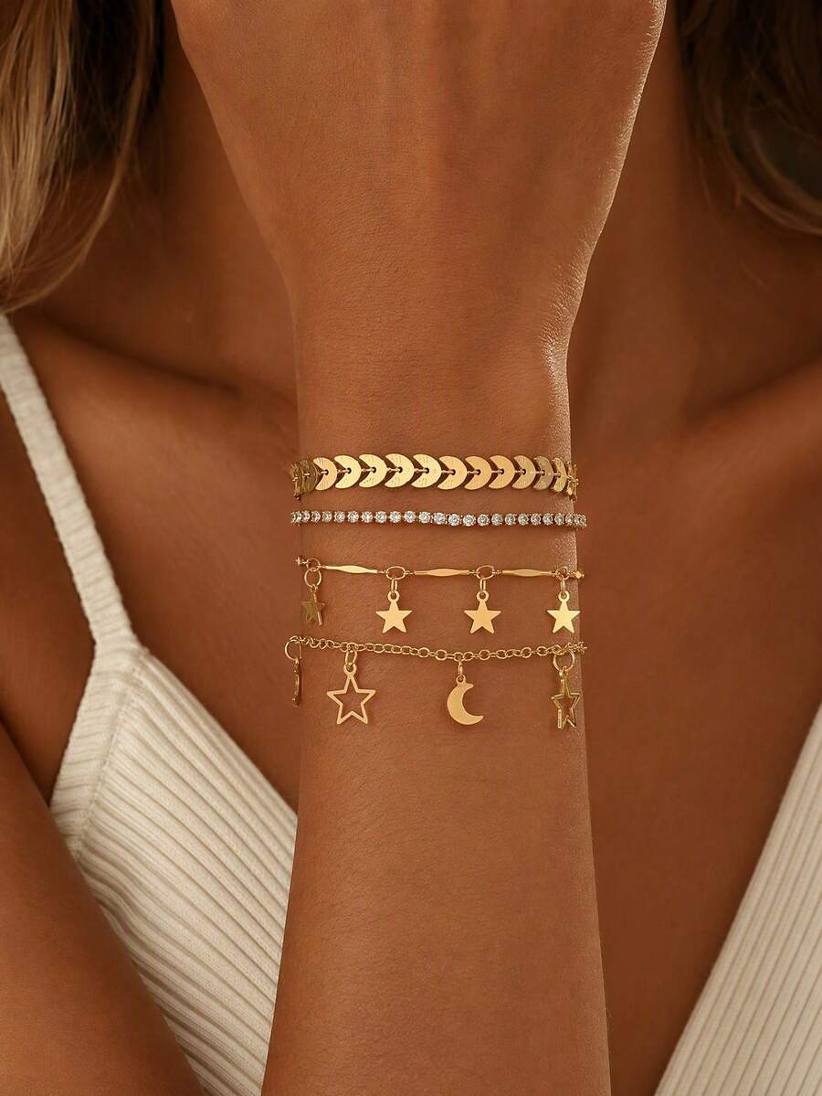 4pcs/Set Fashionable Luxury Square Rhinestone Chain Decorated Star Tassel Bracelet, Elegant Women's Hand Jewelry Suitable For Daily Wear And Date/Party Occasions - Gold - View 1