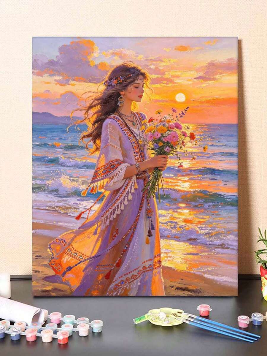 1pc Woman By The Sea DIY Oil Painting By Numbers, Canvas Painting DIY Crafts, Adult Home Decoration, Holiday Gift.