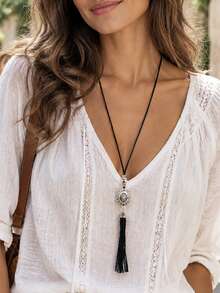 Western Style Round Medallion Tassel Necklace Adjustable Brown Faux Leather Cord Boho Jewelry - Coffee Brown - View 3