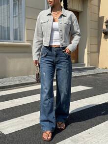 Women's Lapel White & Gray Striped Denim Jacket - White - View 9