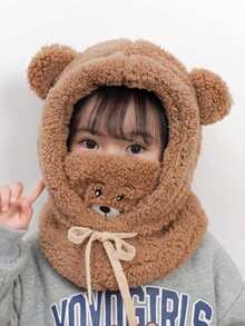 1pc Baby Cartoon Bear Ear Fleece Knitted Hat With Mask, Warm Headwear, Thickened Ear Protection Skull Cap, Neck Warmer - Multicolor - View 21