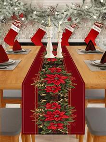 1Pc Christmas Poinsettia & Golden Bell Print Table Runner Red Vintage Holiday Table Decor Runner For Dining Room Home Xmas Party Decoration - Red - View 1