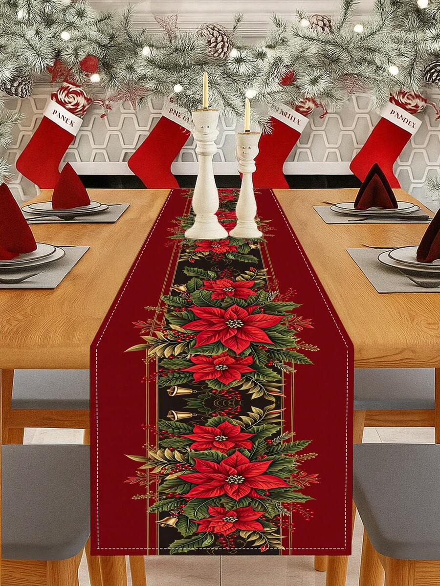1Pc Christmas Poinsettia & Golden Bell Print Table Runner Red Vintage Holiday Table Decor Runner For Dining Room Home Xmas Party Decoration - Red - View 1