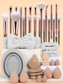 40pcs Makeup Tool Set Including 20 Makeup Brushes, 16 Powder Puffs & Makeup Sponge, 1 Hairband, 2 Wristbands, 1 Brush Cleaning Bowl, Soft Bristles, Gentle Powder Pickup, One-Stop Tool For Beginners' Daily Light Makeup, Stage Makeup, Full Face Makeup - Multicolor - View 10