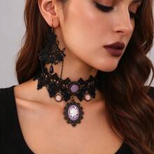 Vintage Gothic Black Lace Choker With Purple Embossed Rose Pendant & Earrings Set For Women, Halloween - Multicolor - View 5