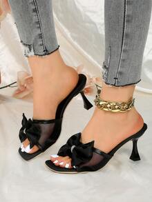 1 Pasang Sandal Wanita Model Mule Hak Tinggi Ujung Persegi Warna Hitam, Sandal Selop Musim Panas dengan Hiasan Pita dan Rhinestone - Hitam - View 4