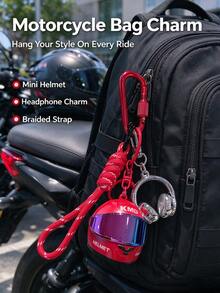 4-In-1 Mini Motorcycle Helmet + Realistic Earphone Pendant + Braided Lanyard + D-Ring Keychain Set, Motorcycle Riding Enthusiast Bag Charm, Personalized Portable Car Key Chain, Creative Gift For Motorcycle Lovers And Riders - Multicolor - View 7