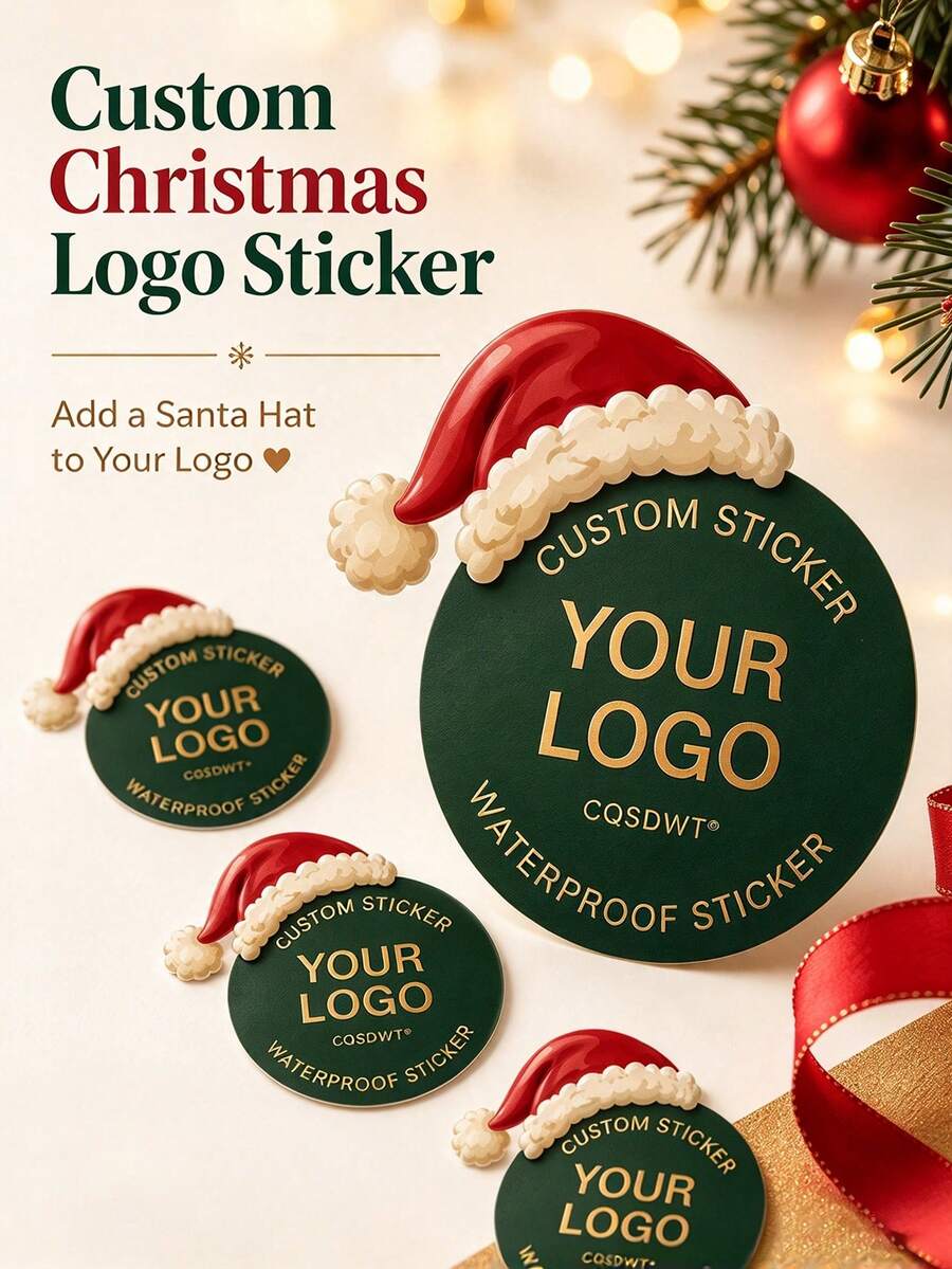 Personalized Christmas Logo Labels And Stickers, Upload Your Logo/Image To Customize Christmas Hat Design, Suitable For Christmas Gift Packaging, Gift Boxes, Packaging Bags, Retail And Small Business Holiday Brand Customization Personalized Labels/Stickers - Multicolor - View 1