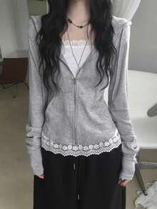 Short Cropped Waist Zipper Hoodie, Hot Girl Style Versatile Loose Fit Top Jacket - Grey - View 8