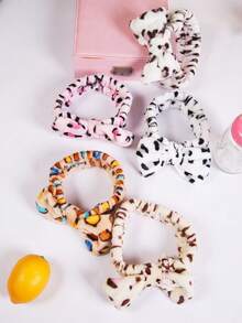 Solid Color Leopard Print Flannel Headband For Women, Bow Knot Plush Hair Tie, Cute Face Wash Headband, Hair Accessory, Polyester - Multicolor - View 3