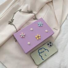 Solid Color PU Box Bag, Fashion Chain Asymmetrical 3D Flower Box Bag, Mini Crossbody Women's Small Square Bag, Small Flower Handbag - A - View 8