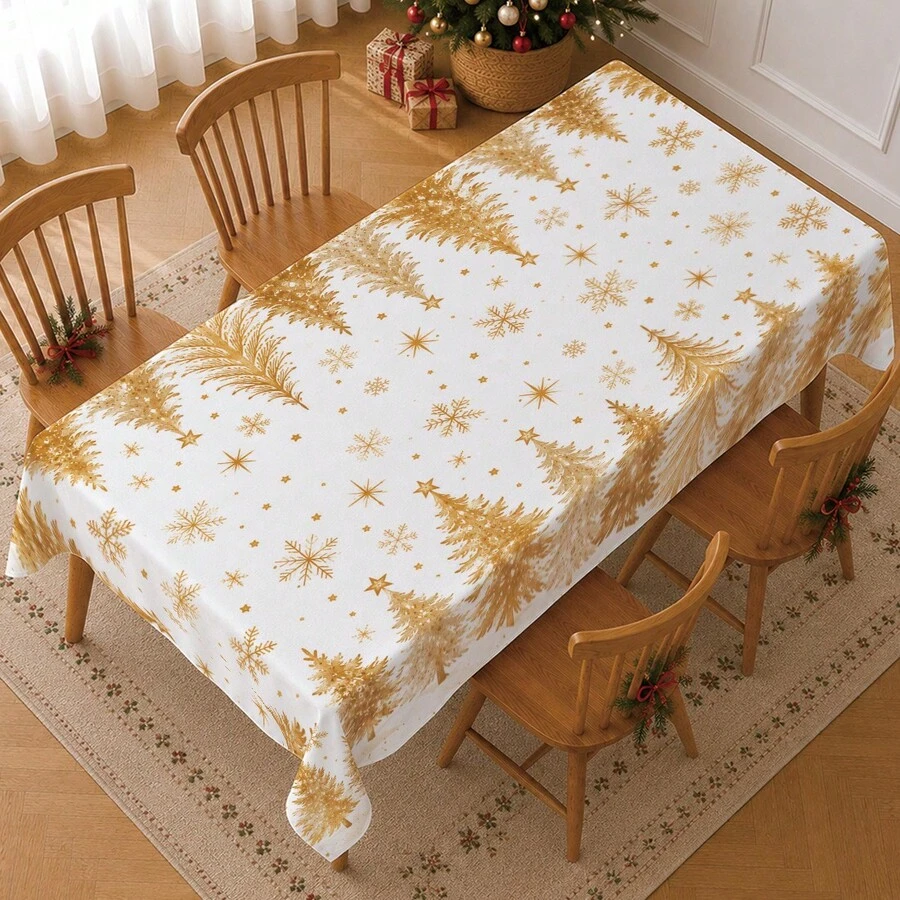 1pc Winter Christmas Minimalist Gold Christmas Tree & Snowflake Pattern Tablecloth, Stain-Resistant Dining Table Decor Cloth, Suitable For Kitchen, Dining Table, Coffee Table, TV Cabinet, Entryway, Party Holiday Decoration, Home Decor, Christmas Gathering - Multicolor - View 1
