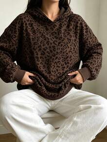Women's Plus Size Leopard Print Hooded Pullover Long Sleeve Sweatshirt - Brown - View 5