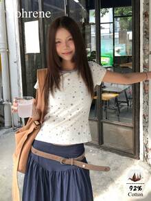 Vintage Star Print Pattern Round Neck Slim Fit Casual Everyday Wear Short Sleeve T-Shirt For Women White Summer - White - View 1