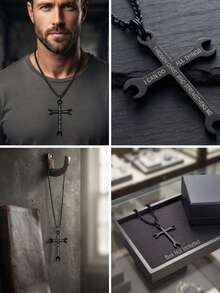 Stainless Steel Cross Pendant Necklace, Inspirational Faith Quote Jewelry, "I Can Do All Things" Engraved Pendant Necklace, Gift For Men And Women - Black - View 4