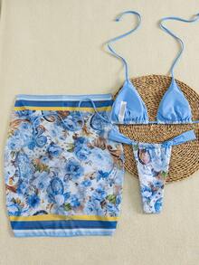 2026 Sexy Fashion Swimsuit Set With Seahorse Pendant And Mesh Skirt, Random Floral Print Bikini, Suitable For Summer Beach Vacation And Pool Party - Blue - View 11