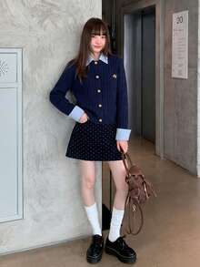 Women's Autumn/Winter Preppy Style 2 In 1 Patchwork Knit Cardigan Sweater With Polo Collar - Navy Blue - View 8