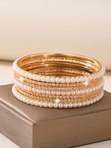 Bộ 7 vòng tay phối ngọc trai giả đính đá rhinestone tinh tế cho nữ, phụ kiện đeo hàng ngày, đám cưới và tiệc tùng - 7 món - Xem 2