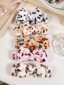 Solid Color Leopard Print Flannel Headband For Women, Bow Knot Plush Hair Tie, Cute Face Wash Headband, Hair Accessory, Polyester - Multicolor - View 1