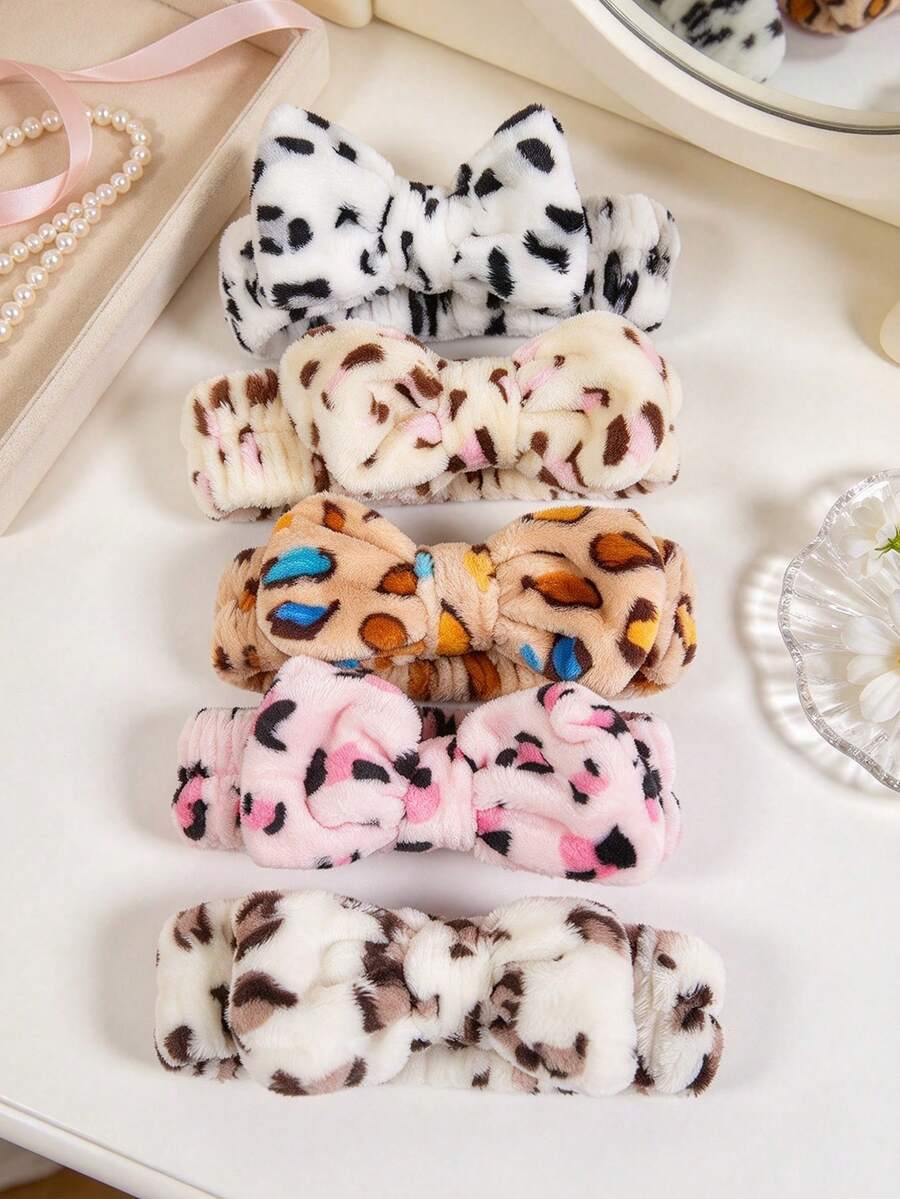 Solid Color Leopard Print Flannel Headband For Women, Bow Knot Plush Hair Tie, Cute Face Wash Headband, Hair Accessory, Polyester - Multicolor - View 1