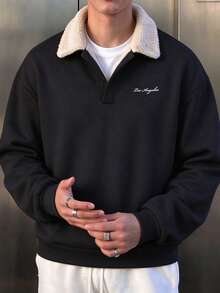 Men's Spring Autumn Winter Fashion Casual Versatile Patchwork Minimalist English Print Fleece Collar Sweatshirt - Black - View 1