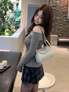 Korean Chic Women's Autumn Elegant Versatile Off-Shoulder Slim Fit Long Sleeve Knit Top With Camisole 2-Piece Set - Grey - View 7