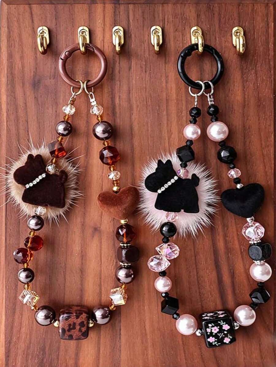 1pc New Cartoon Women's Bag Charm Crystal Mink Fur Car Keychain Cute Puppy Flocked Phone Chain - Multicolor - View 1