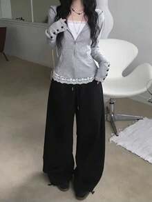 Short Cropped Waist Zipper Hoodie, Hot Girl Style Versatile Loose Fit Top Jacket - Grey - View 4