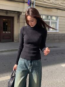 Women's High Neck Long Sleeve Knit Base Layer, Solid Color Slim Fit Innerwear, Autumn/Winter - Black - View 2
