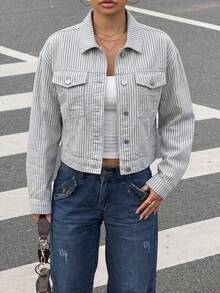 Women's Lapel White & Gray Striped Denim Jacket - White - View 6