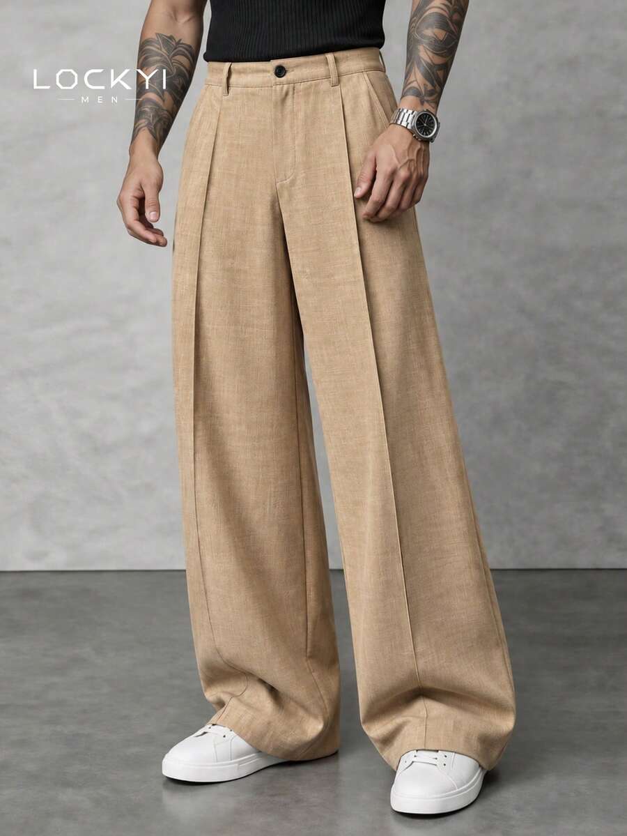 Men's Khaki Wide Leg Casual Pants, Drapey Comfortable Versatile Commuter Long Pants - Brown - View 1