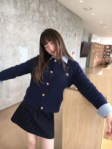 Women's Autumn/Winter Preppy Style 2 In 1 Patchwork Knit Cardigan Sweater With Polo Collar - Navy Blue - View 4